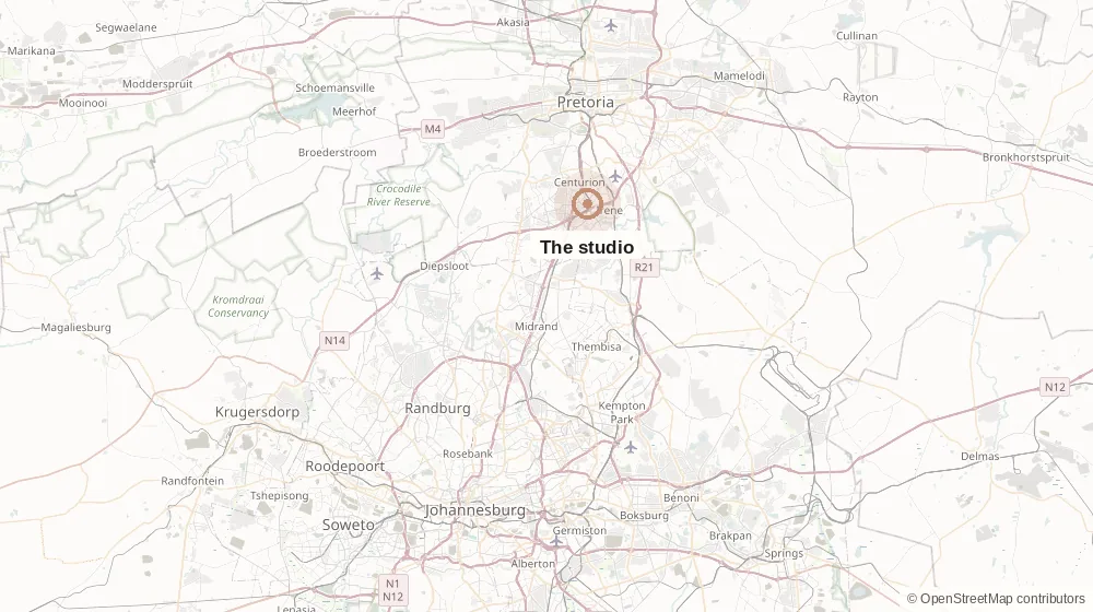 Map of Gauteng with the studio marked in Centurion, Pretoria to the north and Johannesburg to the south